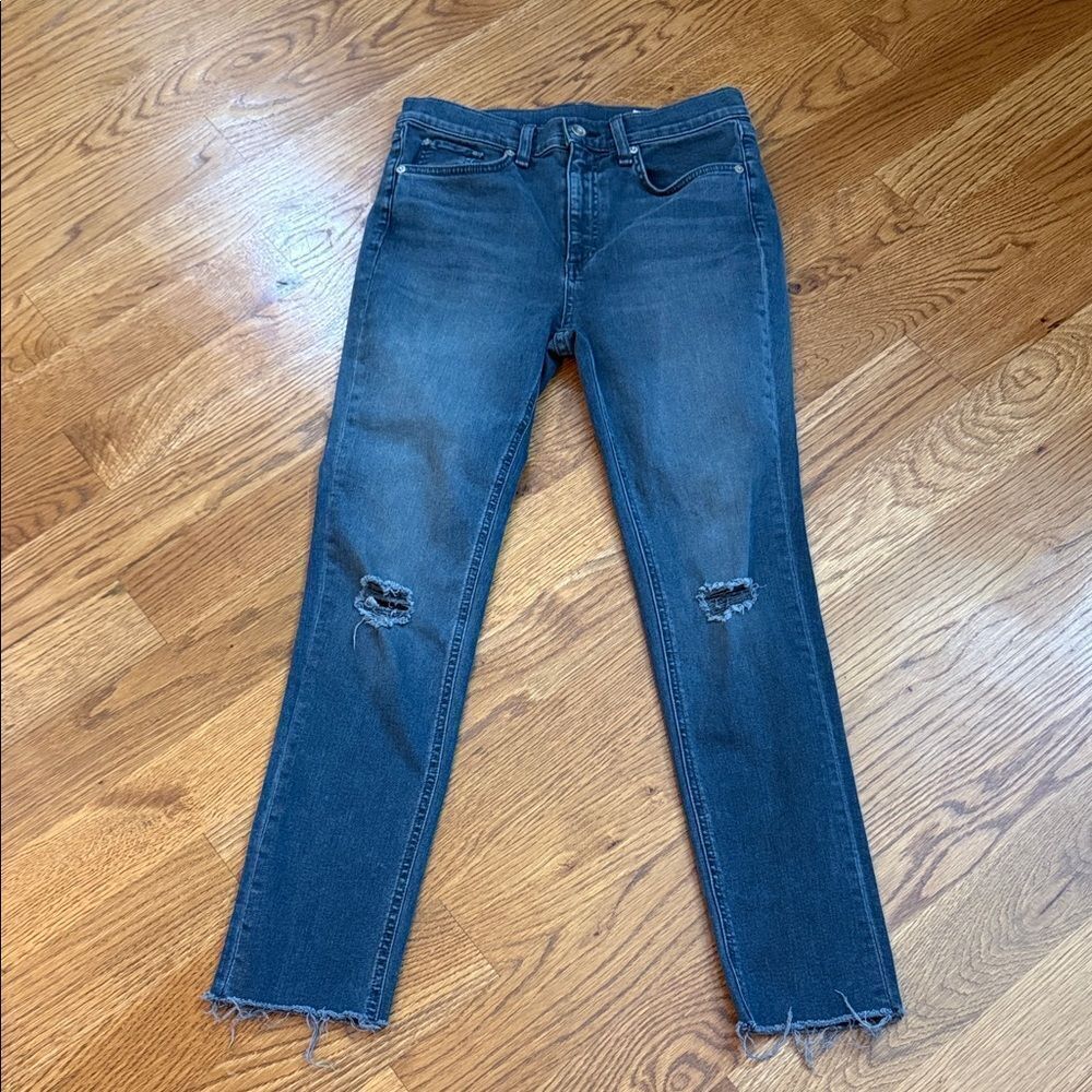 rag & bone High Rise Skinny Jeans 27 ALEC Dark Wash Distressed Ankle Raw Hem